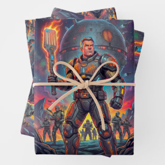 Retro strip astronaut ruimte BBQ zomer kookfeest Inpakpapier Vel