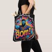Retro strip explosie gespierde superheld.BOM!Power Tote Bag (Dichtbij)