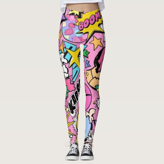 Retro stripboek pop art collage leggings (Voorkant)