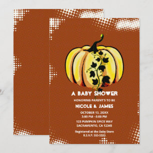 Retro stripboek stijl pompoen herfst baby shower kaart