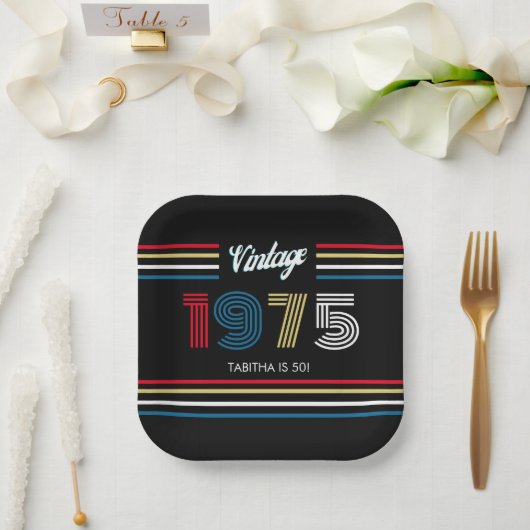Retro Stripe 1975 Primaire kleuren Papieren Bordje (Huwelijk)
