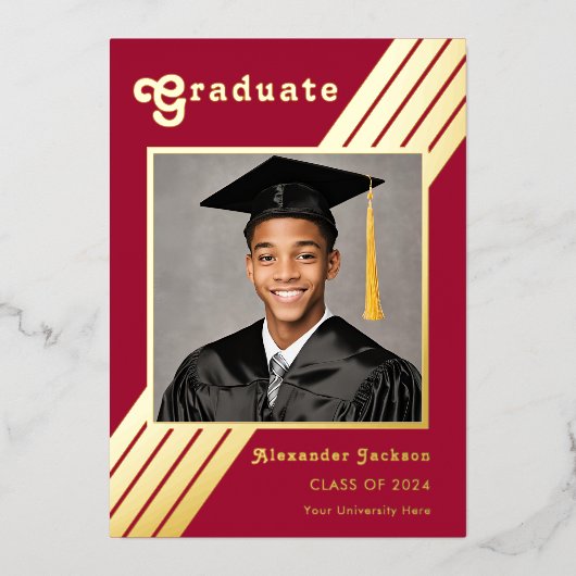 Retro Stripe Afstudeerder Foto Bourgogne en Goud Folie Uitnodiging (Voorkant)