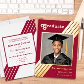 Retro Stripe Afstudeerder Foto Bourgogne en Goud Folie Uitnodiging