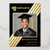 Retro Stripe Afstudeerder Foto Zwart en Goud Afstu Folie Uitnodiging (Voorkant)