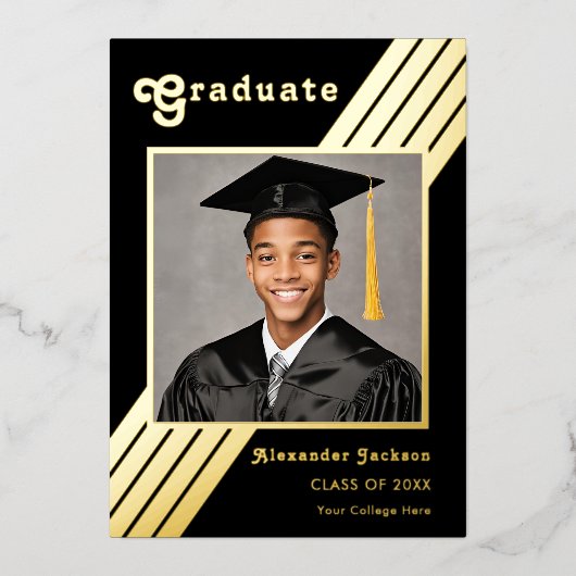 Retro Stripe Afstuderen Foto Zwart en Goud Folie Uitnodiging (Voorkant)
