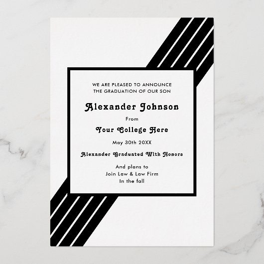 Retro Stripe Afstuderen Foto Zwart en Goud Folie Uitnodiging (Achterkant)