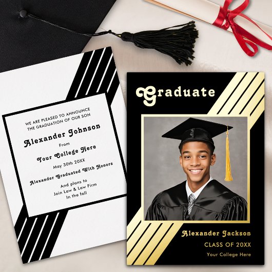 Retro Stripe Afstuderen Foto Zwart en Goud Folie Uitnodiging