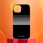 Retro Stripe Patroon Black Grey  vibe iPhone 15 Case<br><div class="desc">Voeg jouw naam toe aan dit masculinaire ontwerp met vetgedrukte strepen. Een retro ontwerp met 70s geïnspireerde doopvont en een minimaal patroon. Alle kleuren kunnen worden gewijzigd. Creëer uw eigen kleuren en verander de kleuren in uw favoriete combinatie.</div>