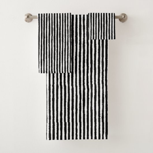 Retro Stripe Patroon Verticaal zwart-wit BW Bad Handdoek (Insitu)