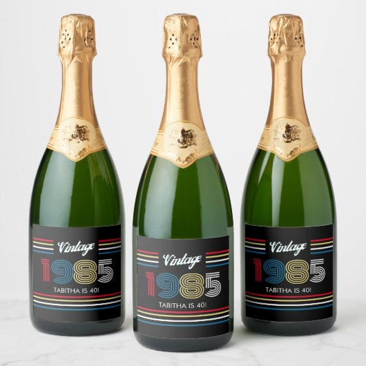  Retro Stripe Primaire Kleuren 1985 Sparkling Wijnetiket (Flessen)