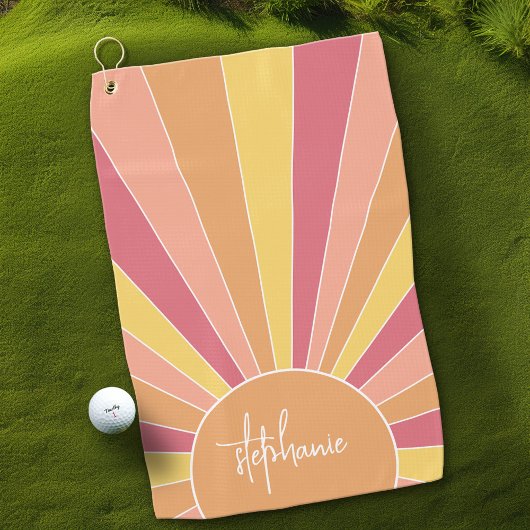 Retro stripe sunrise - pastelregenboogscriptnaam golfhanddoek