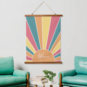 Retro stripe sunrise - pastelregenboogscriptnaam hangend wandkleed