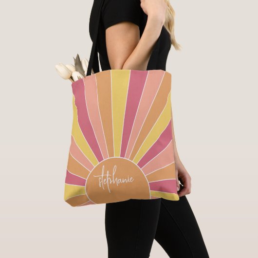 Retro stripe sunrise - pastelregenboogscriptnaam tote bag (Dichtbij)