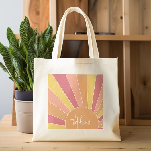 Retro stripe sunrise - pastelregenboogscriptnaam tote bag