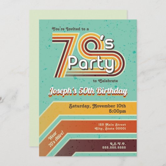 Retro Striped 70's Party Invitation Kaart (Voorkant / Achterkant)