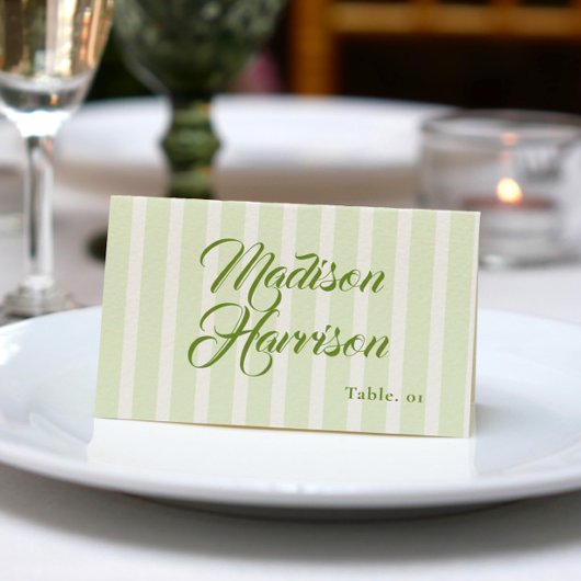 Retro Striped Green Wedding Name Place Card DIY Kaart