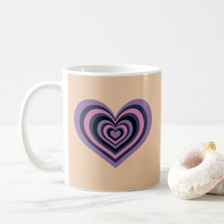 Retro Striped Heart Mug - Purple on Beige Koffiemok