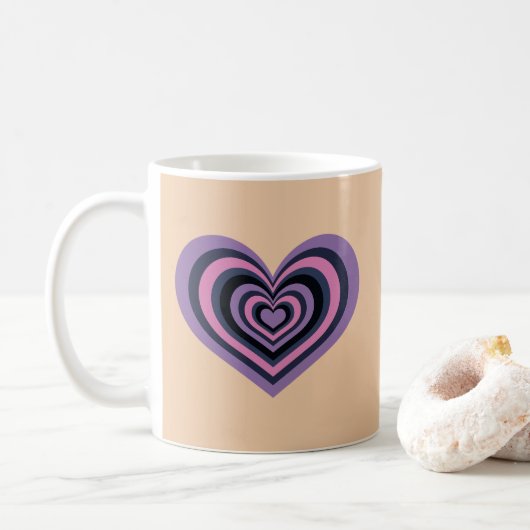 Retro Striped Heart Mug - Purple on Beige Koffiemok (Met donut)
