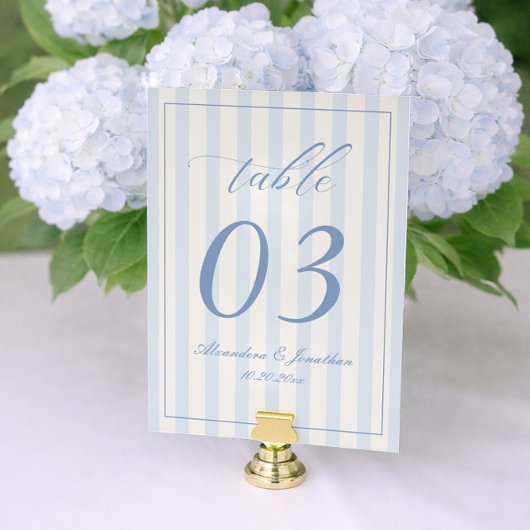 Retro Striped White and Blue Wedding Table Number Kaart