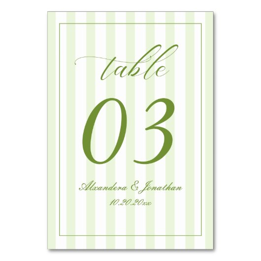 Retro Striped White and Green Wedding Table Number Kaart (Achterkant)