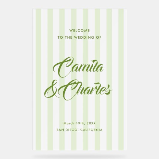 Retro Striped White and Green Wedding Welcome Acryl Bord (Voorkant)