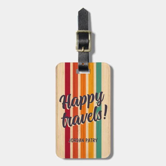 Retro Stripes Aangepaste naam Happy Travels Bagagelabel (Voorkant verticaal)