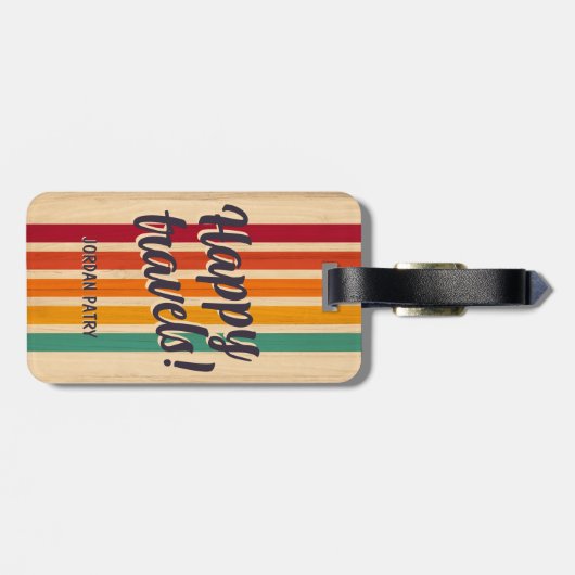 Retro  Stripes Aangepaste naam Happy Travels Bagagelabel (Achterkant horizontaal)