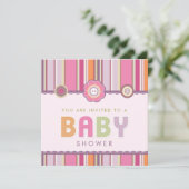 Retro Stripes Buttonnen Roze Baby shower uitnodigi Kaart (Staand voorkant)