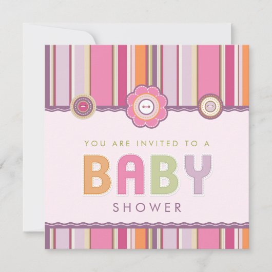 Retro Stripes Buttonnen Roze Baby shower uitnodigi Kaart (Voorkant)
