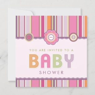 Retro Stripes Buttonnen Roze Baby shower uitnodigi Kaart