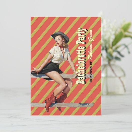 retro stripes cowgirl westerne bachelorette party kaart (Staand voorkant)