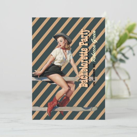 retro stripes cowgirl westerne bachelorette party kaart (Staand voorkant)