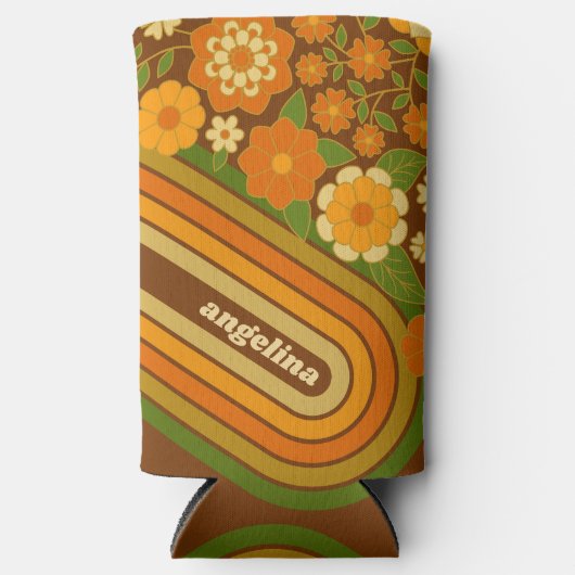Retro Stripes en Funky Flowers met aangepaste naam Seltzer Blikjeskoeler (Voorkant)