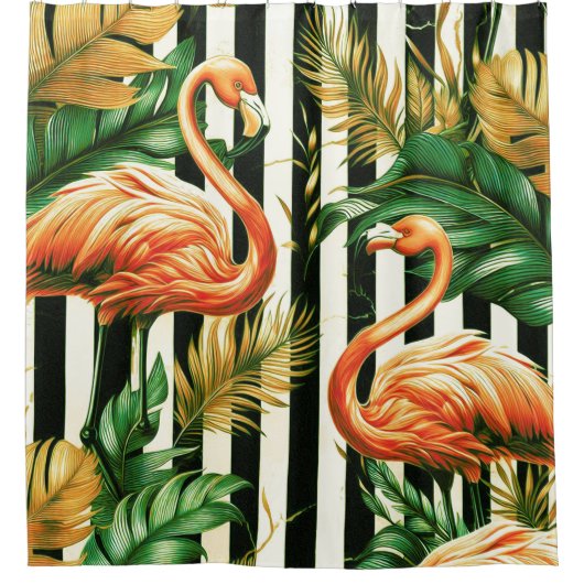 Retro Stripes Flamingo Douchegordijn (Voorkant)