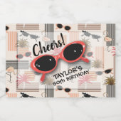 Retro Stripes Flamingos Palms Sunglasses Mini Sparkling Wijnetiket (Enkel label)