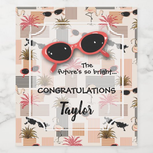 Retro Stripes Flamingos Palms zonnebrillen Wijn Etiket (Enkel label)