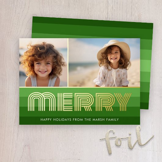 Retro Stripes - Groene MERRY - 2 Foto  Vibe Folie Feestdagenkaart