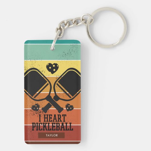 Retro Stripes I Heart Pickleball Aangepaste naam Sleutelhanger (achterkant)