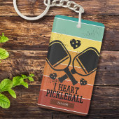 Retro Stripes I Heart Pickleball Aangepaste naam Sleutelhanger