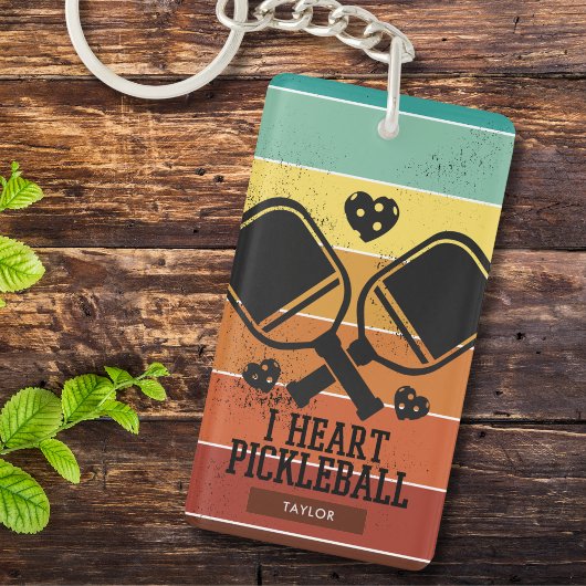 Retro Stripes I Heart Pickleball Aangepaste naam Sleutelhanger