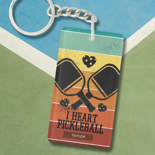 Retro Stripes I Heart Pickleball Aangepaste naam Sleutelhanger