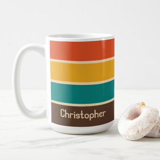 Retro Stripes  Kleur Blauwgroen Oranje bruine naam Koffiemok (Met donut)