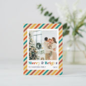 Retro Stripes Merry & Bright Family Foto Briefkaart (Staand voorkant)