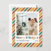 Retro Stripes Merry & Bright Family Foto Briefkaart (Voorkant / Achterkant)