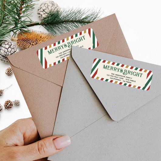 Retro Stripes Merry Bright Holiday Retouradres Etiket