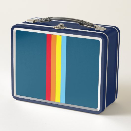 Retro Stripes Metalen Lunchbox (Navy Blue Multi) (Voorkant)