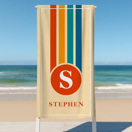 Retro Stripes Oranje Monogram Naam Gepersonaliseer Strandlaken