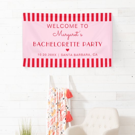 Retro Stripes Rood & Roze Bachelorette Party Spandoek (Insitu)