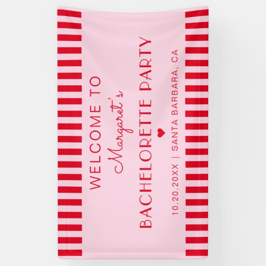 Retro Stripes Rood & Roze Bachelorette Party Spandoek (Verticaal)