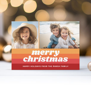 Retro Stripes Rood Sinaasappel - Merry Photo - jar Feestdagenkaart